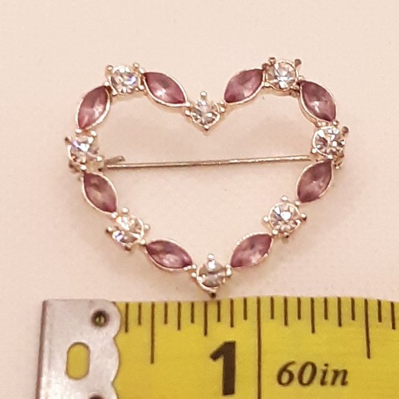 Pink and White Rhinestone Silver Tone Heart Brooch - Picture 7 of 7